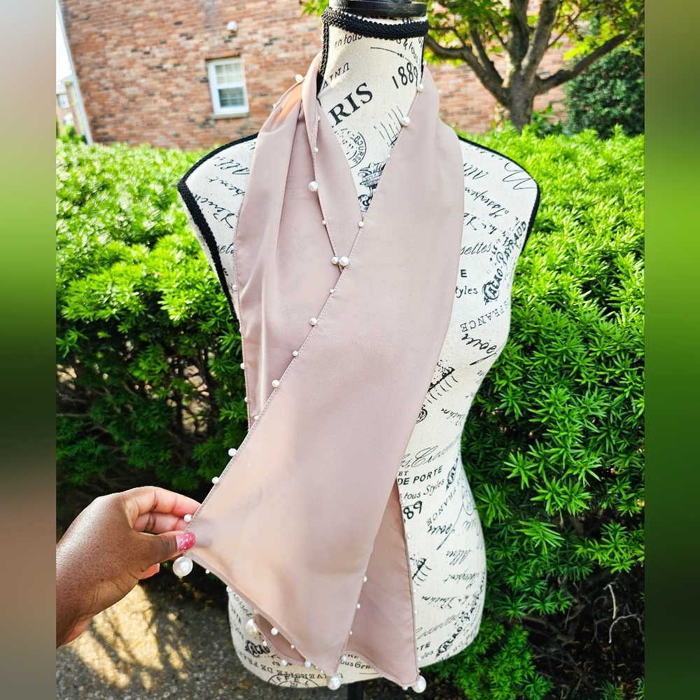 Elegant Cream Pearl-Trim Chiffon Crepe Scarf – 55"x7" | Soft Polyester Feel